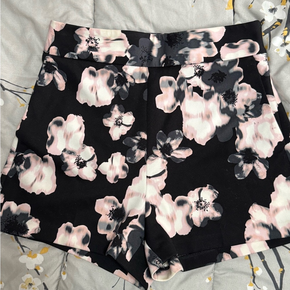 Express Black and Pink Floral High Waist Shorts